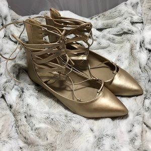 Fun Gold Lace Up Zip Up Pointy Toe Flats